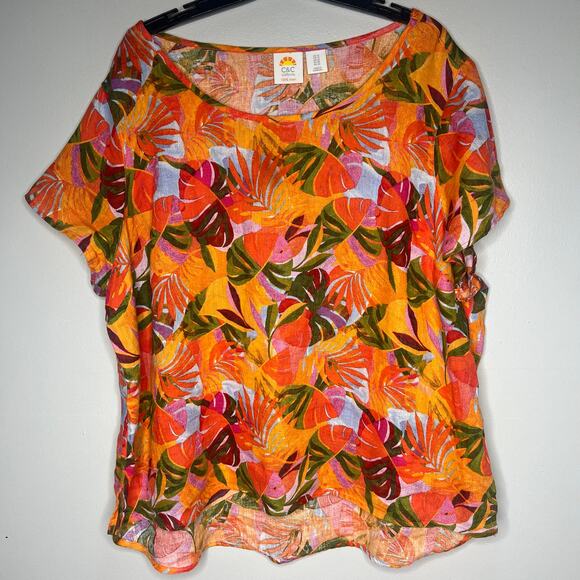 C&C California Leaf Print 100% Linen Tunic Size 1X Resort Beach Boho Relaxed - Picture 1 of 9